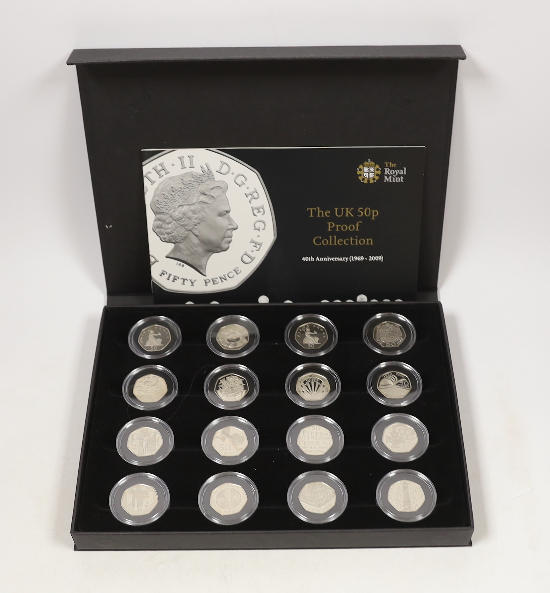 Royal Mint UK 50p proof collection 40th anniversary (1969–2009) to include the scarce Kew Gardens 2009 50p, cased